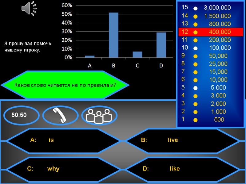 Какое слово читается не по правилам? Я прошу зал помочь нашему игроку..